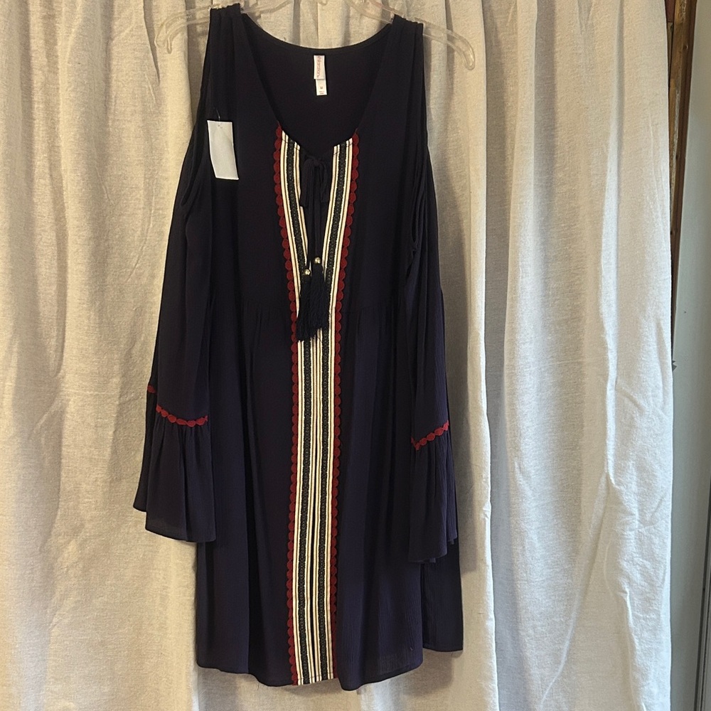 NWT Xhiliration navy blue boho open shoulder dress tassels bell sleeves Sz M